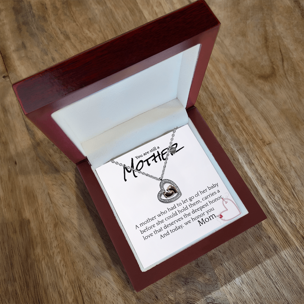 Bereavement Mother Necklace – Baby Feet Heart Pendant with Cubic Zirconia, “You Are Still a Mother” Memorial Gift
