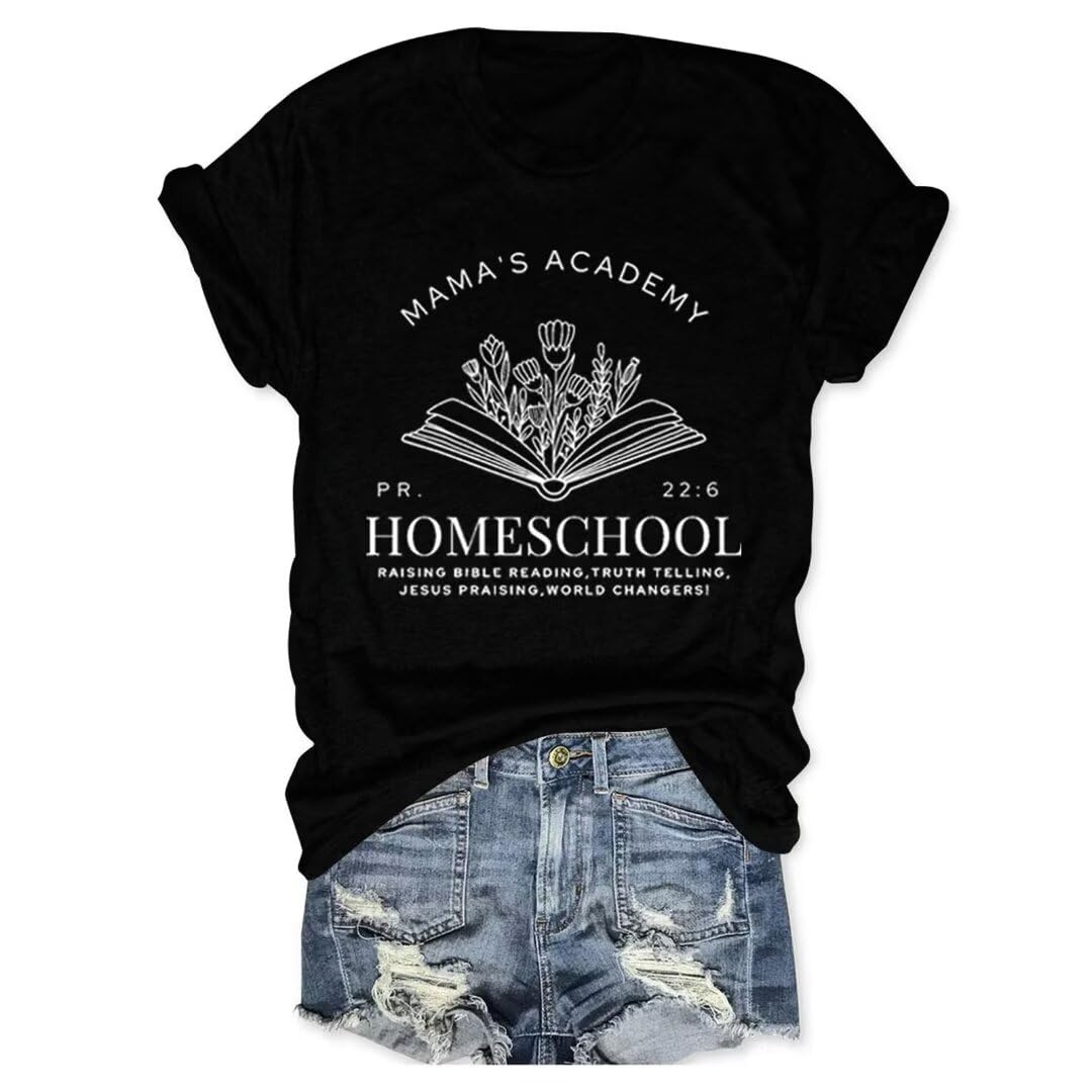 UFDOUM Homeschool Mama Shirt Women Mamas Academy Bible Verse Short Sleeve Graphic Tees Christian T-Shirt Mothers Day Tops Black