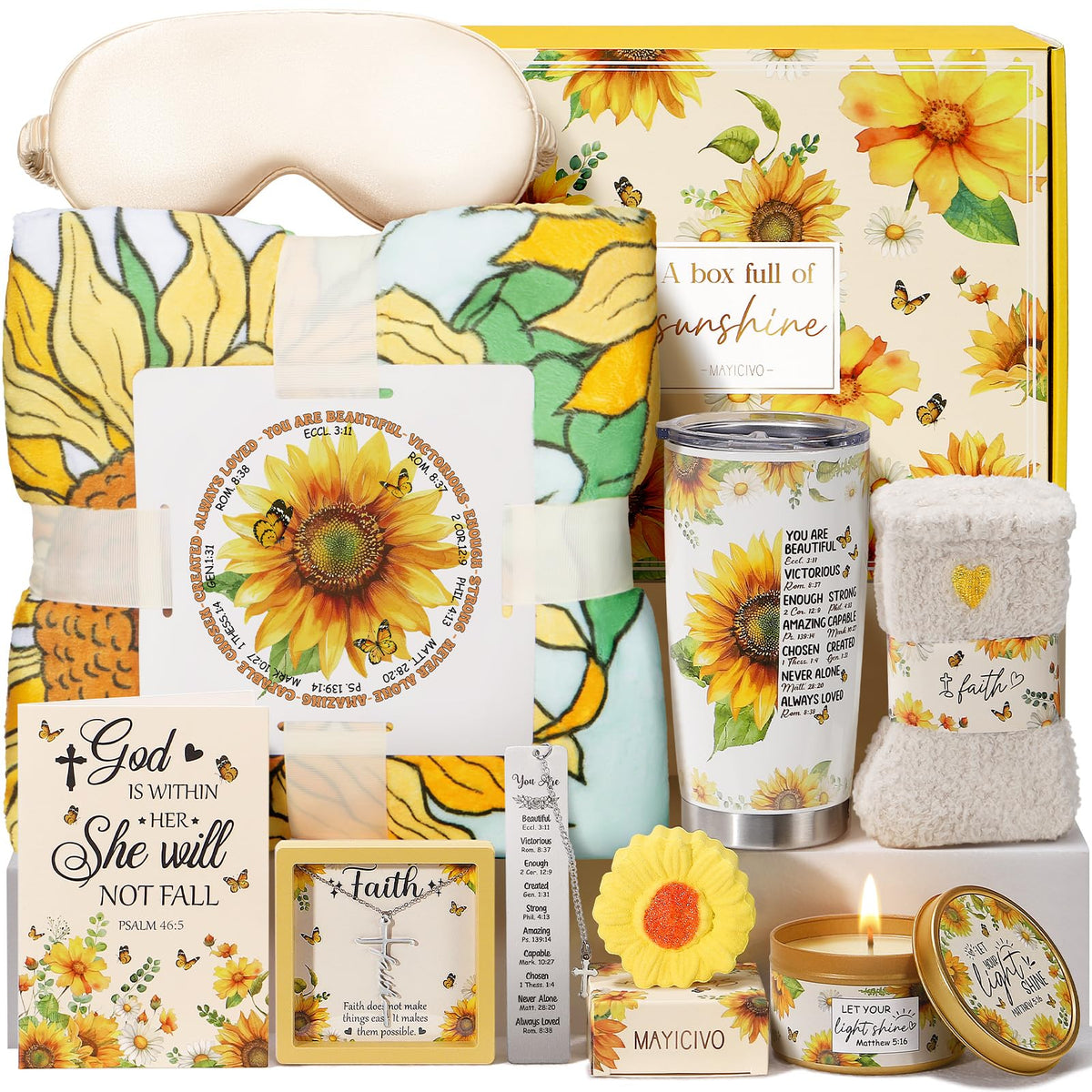 Mother’s Day Christian Gift Basket for Women – 10-Piece Faith-Inspired Set with Sunflower Blanket, Inspirational Religious Gifts for Mom, Grandma, Wife, Sister, or Friend. Great for Mother’s Day, Birthday,  Graduation, or just as an I love you gift!