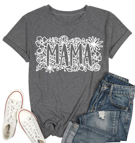 Floral Mama Shirts for Women Fashion Graphic Tee Shirts Loose Fit Summer Tops Short Sleeve Mother's Day Tee Grey