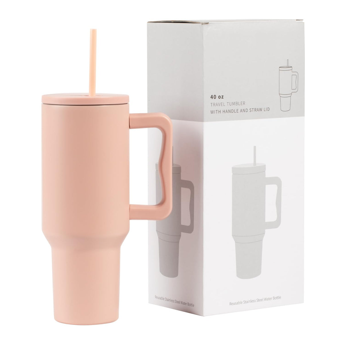 OMNISAFE 40 oz Tumbler with Handle Reusable Insulated Cup with Lid and Straw Stainless Steel Water Bottle Travel Mug For Cold and Hot (Light Pink)