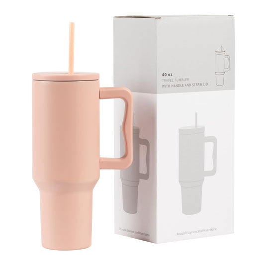 OMNISAFE 40 oz Tumbler with Handle Reusable Insulated Cup with Lid and Straw Stainless Steel Water Bottle Travel Mug For Cold and Hot (Light Pink)