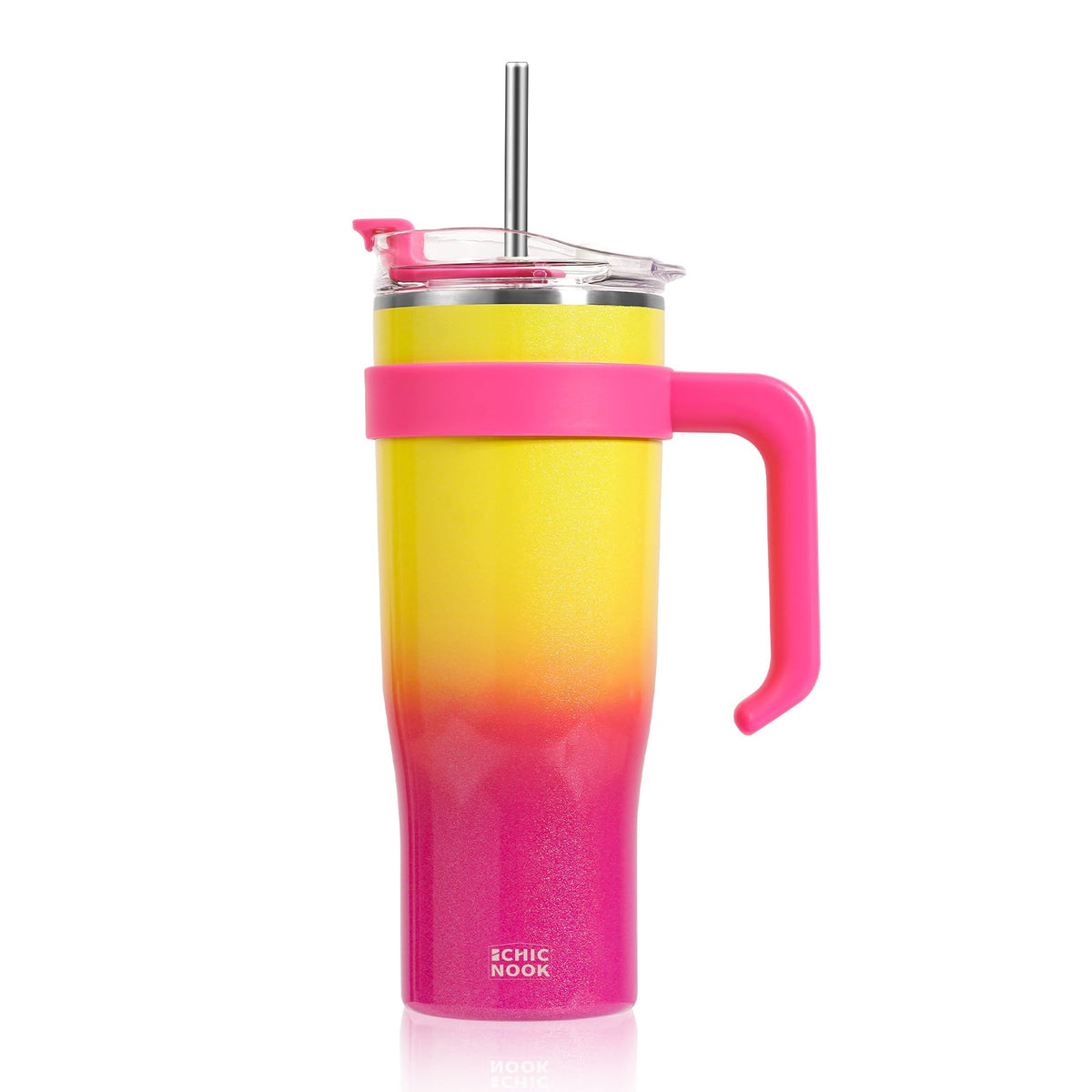 CHICNOOK 40 oz Tumbler with Handle and 2 Straws Rainbow Stainless Steel Vacuum Insulated Tumbler for Hot and Cold Drinks Water Bottle with Straw Rainbow Stainless Steel Drinking Cups Rainbow Pink