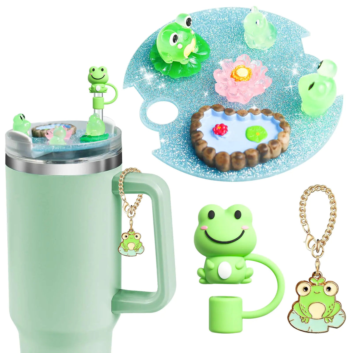 Accessories Compatible with Stanley Cup Lid Fit for 40 oz Stanley Lid Charms Decor Silicone Straw Topper Cover Cap Cute Charms for Stanley 30&40 Oz Tumbler with Handle (Frog)