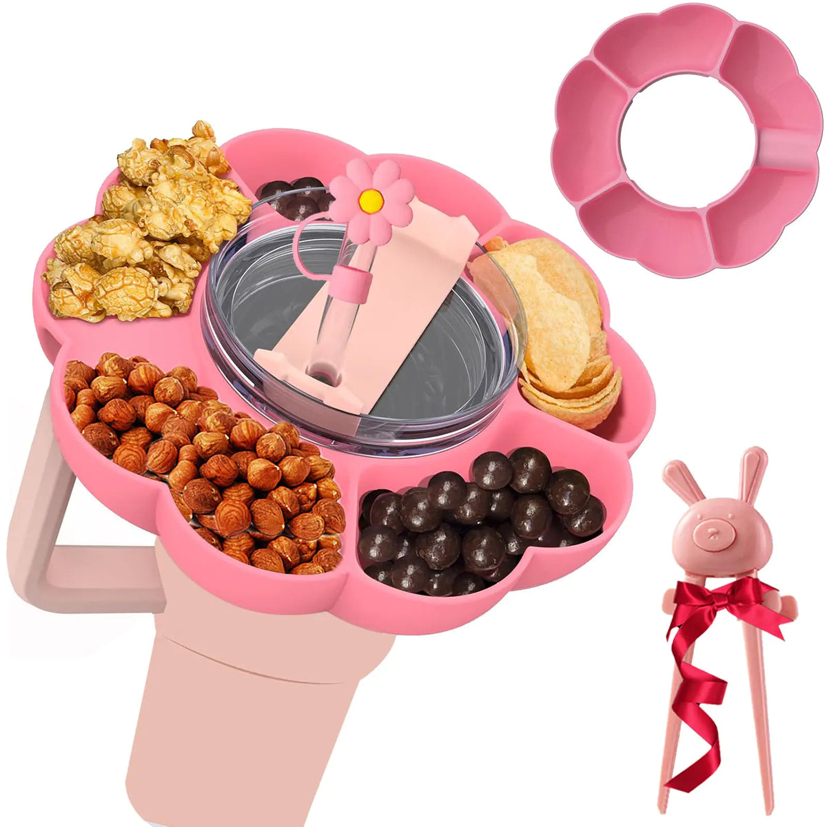 Meritpick Snack Bowl for Stanley 40 oz Tumbler with Handle Snack Tray for Stanley Cup 40 oz Reusable Snack Ring & Finger Chopsticks & Straw Cover Cap for Stanley Cup Accessories (Pink)