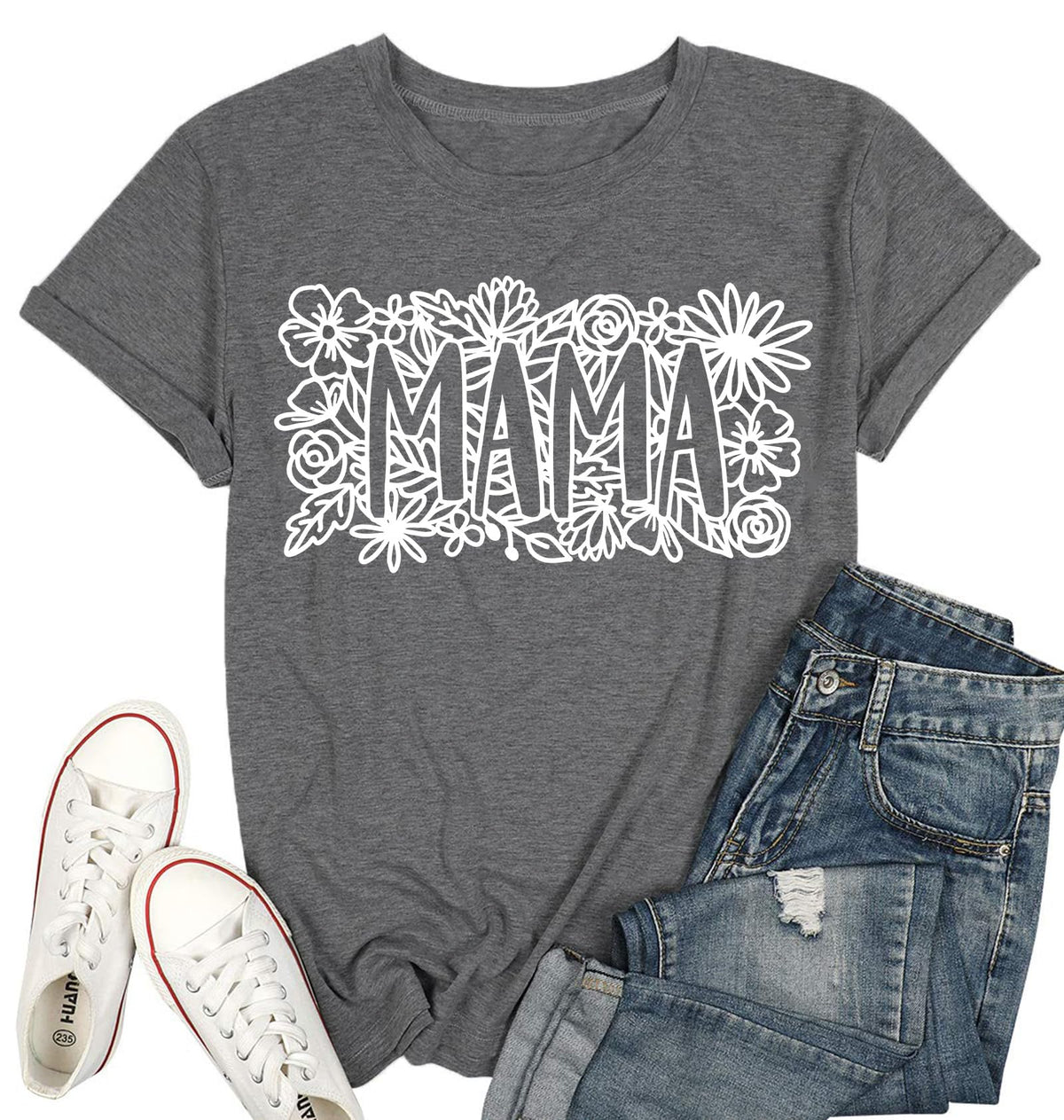 Floral Mama Shirts for Women Fashion Graphic Tee Shirts Loose Fit Summer Tops Short Sleeve Mother's Day Tee Grey