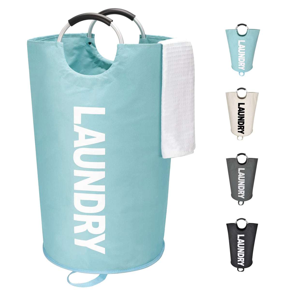 Maxsilan 90L Large Laundry Basket Freestanding Tall Clothes Hamper Collapsible Laundry BagWaterproof with Foam Protected Aluminum Handles for College Dorm FamilyLight Blue