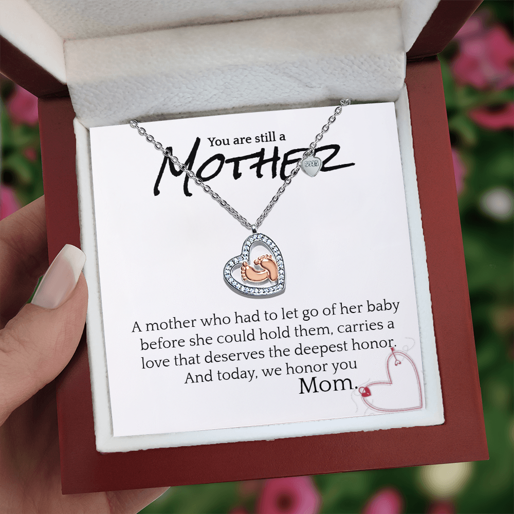 Bereavement Mother Necklace – Baby Feet Heart Pendant with Cubic Zirconia, “You Are Still a Mother” Memorial Gift