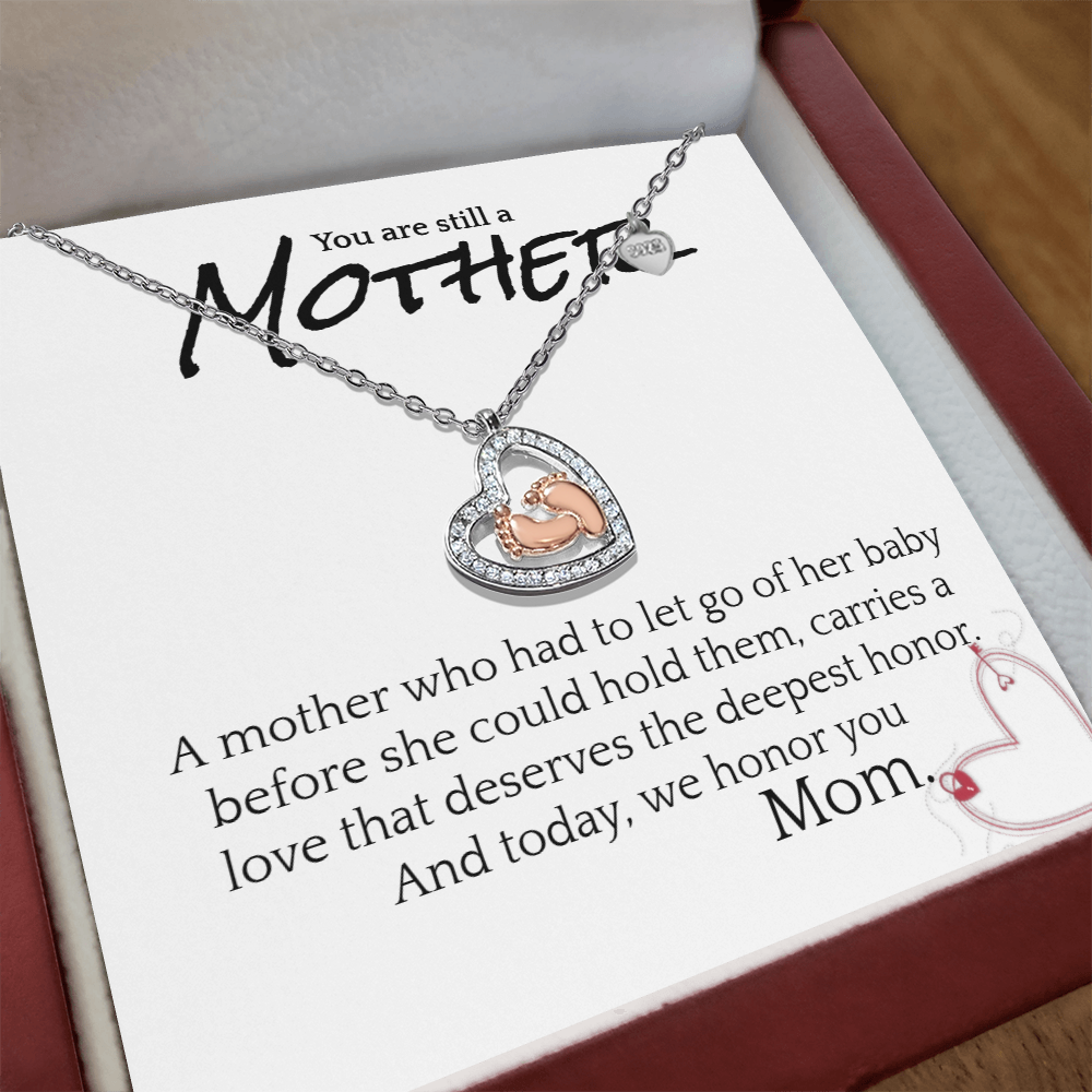 Bereavement Mother Necklace – Baby Feet Heart Pendant with Cubic Zirconia, “You Are Still a Mother” Memorial Gift