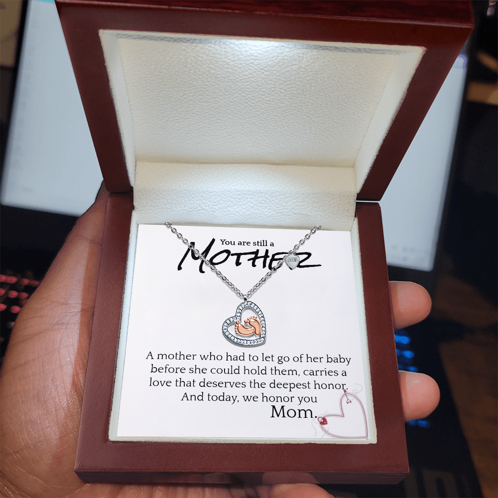 Bereavement Mother Necklace – Baby Feet Heart Pendant with Cubic Zirconia, “You Are Still a Mother” Memorial Gift