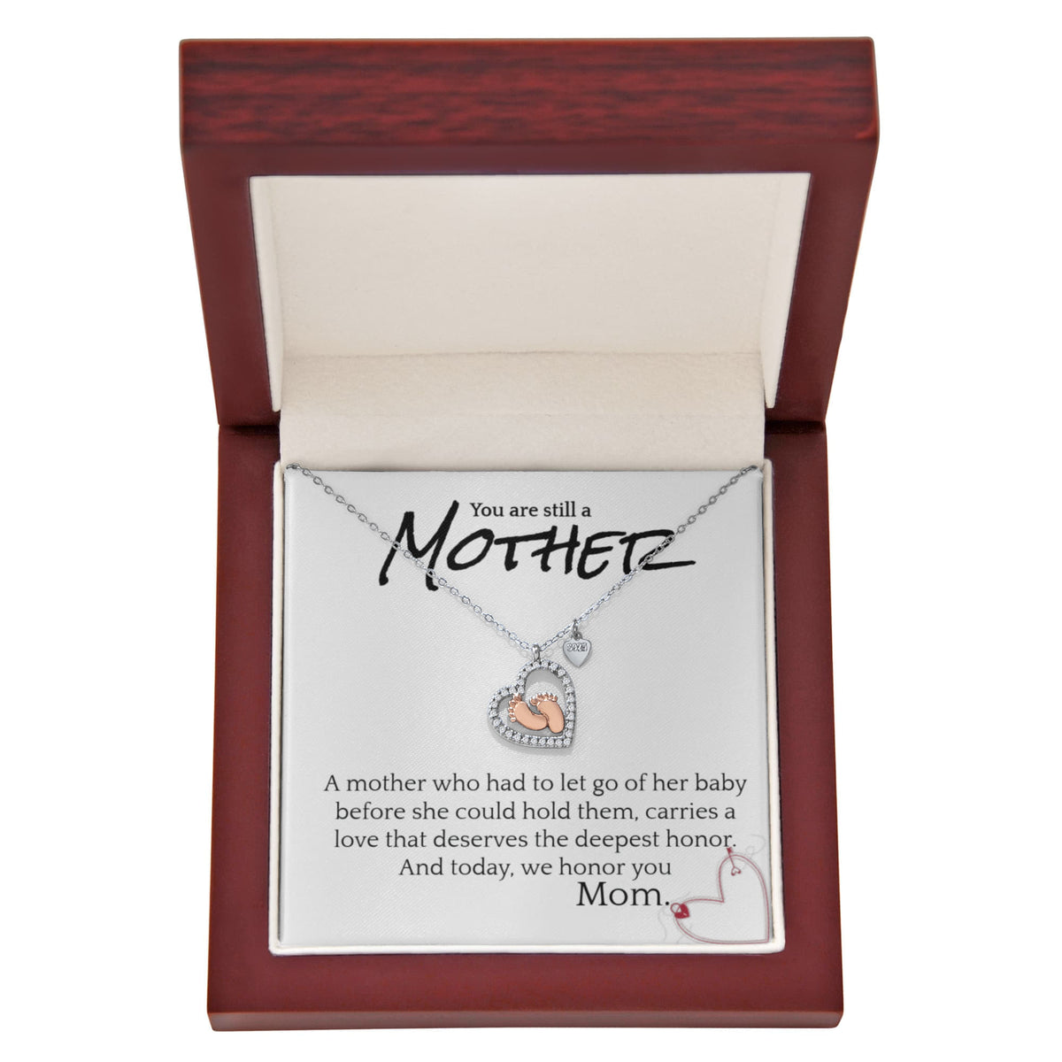 Bereavement Mother Necklace – Baby Feet Heart Pendant with Cubic Zirconia, “You Are Still a Mother” Memorial Gift